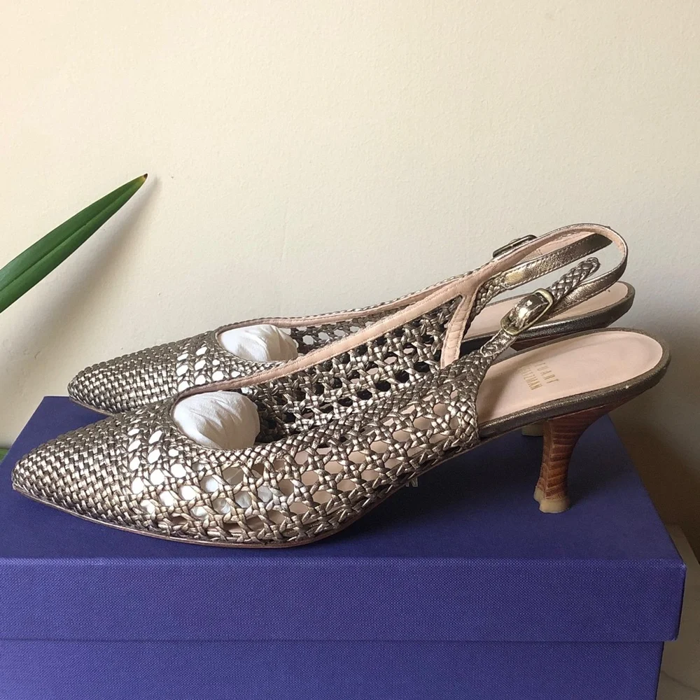 Stuart Weitzman Metallic Woven Slingback Kitten Heels in Gold